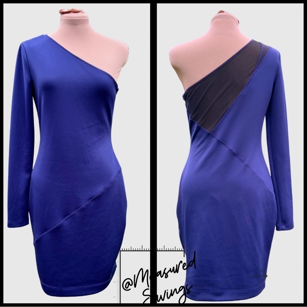 Sz 8 - EUC - RACHEL Rachel Roy - 1-Sleeve Blue Dress with Black Mesh Back
